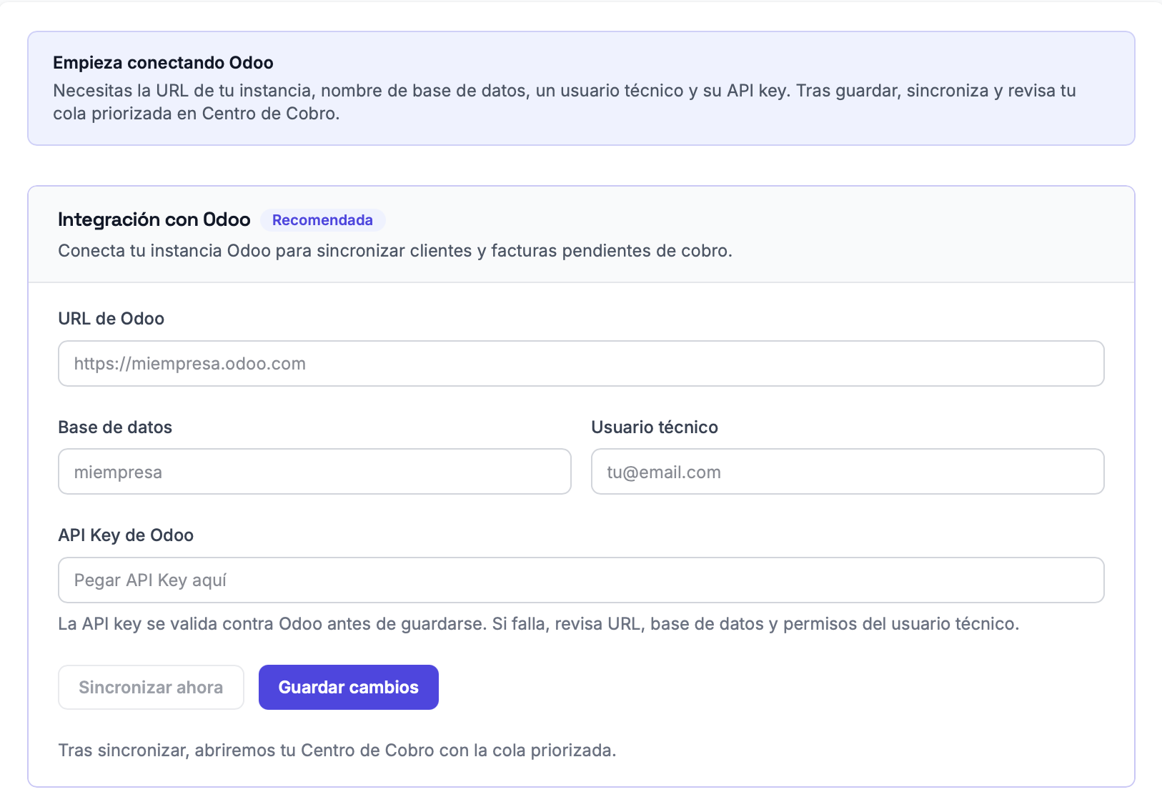 Conectar Odoo o Holded — credenciales e integración en Ajustes